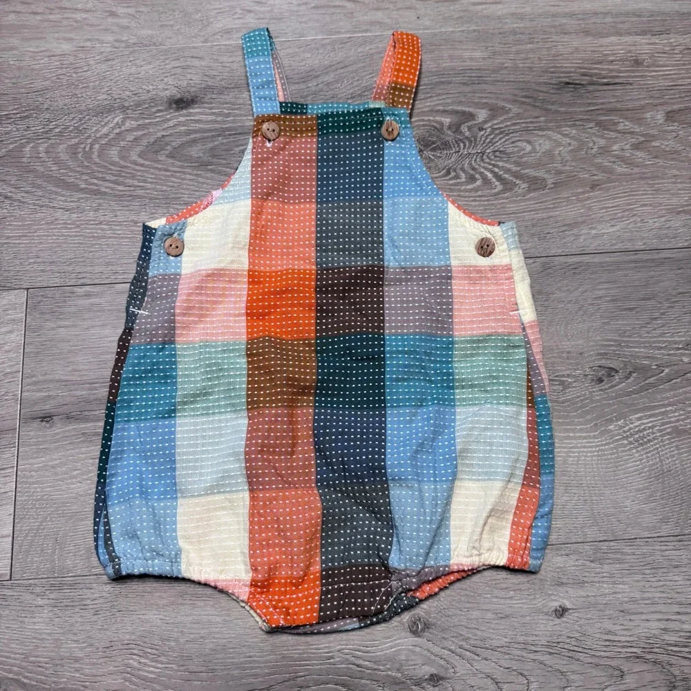Old Navy Toddler Boys Orange Plaid Dobby Dot Bubble Romper 18-24M